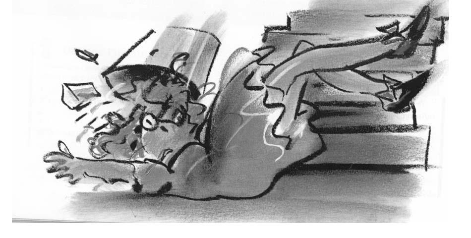 Illustration : la dame tombe par terre, une chaussure ayant accroché l'autre